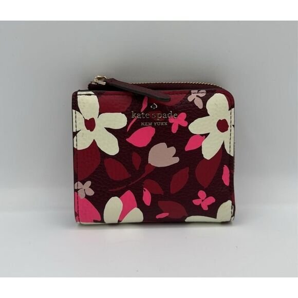 Kate Spade Jackson Forest Floral Small Bifold Wallet Burgundy Pink Cream Mod - Picture 3 of 14